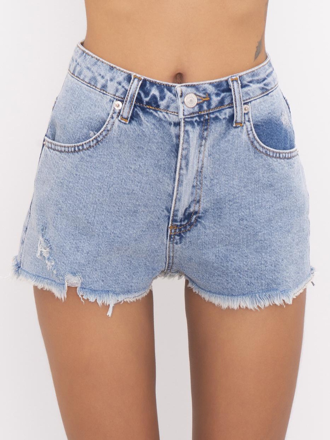 

PRET A TUER Women Washed Cotton Denim Shorts, Blue