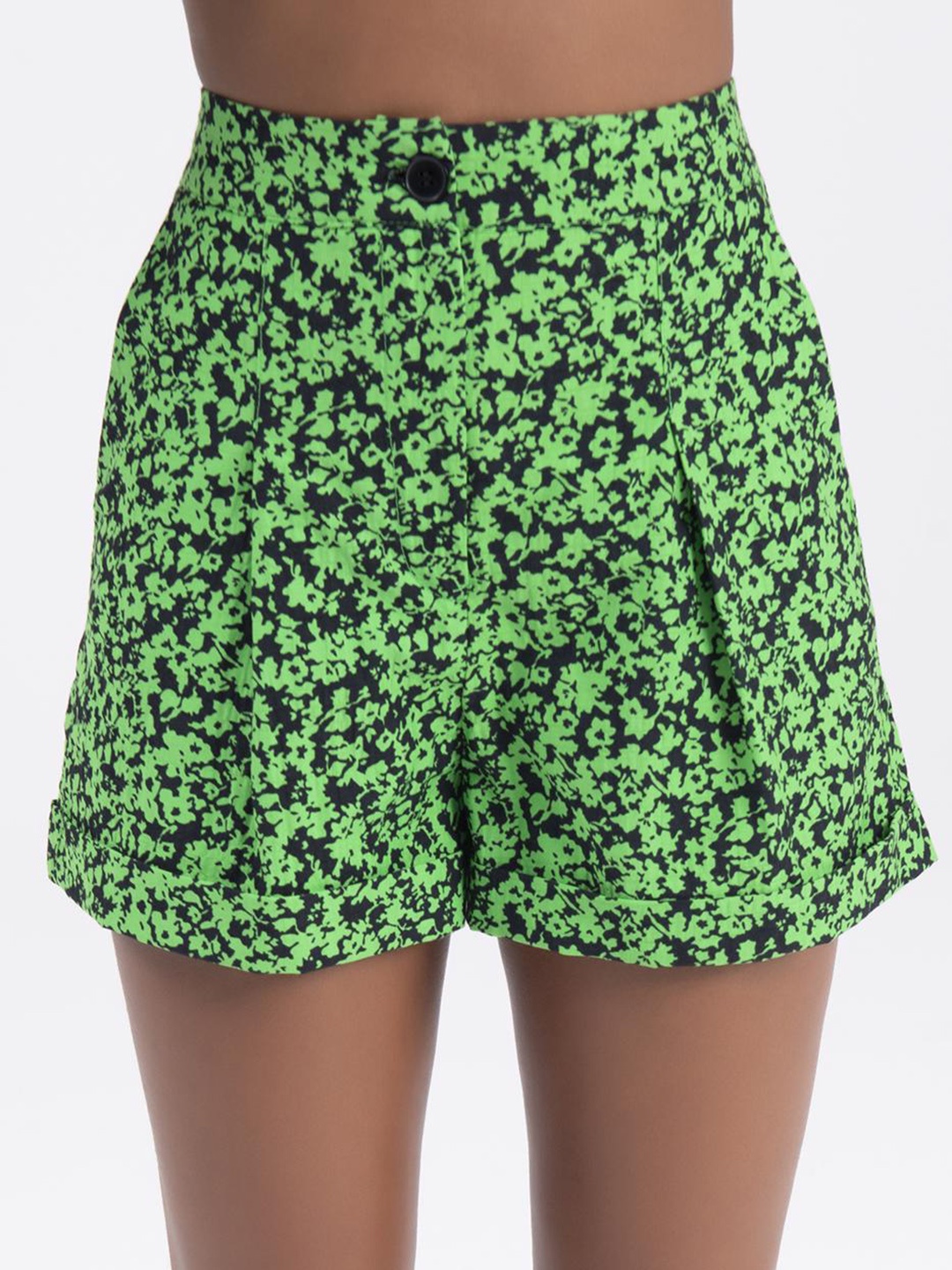 

PRET A TUER Women Floral Printed High-Rise Cotton Shorts, Green