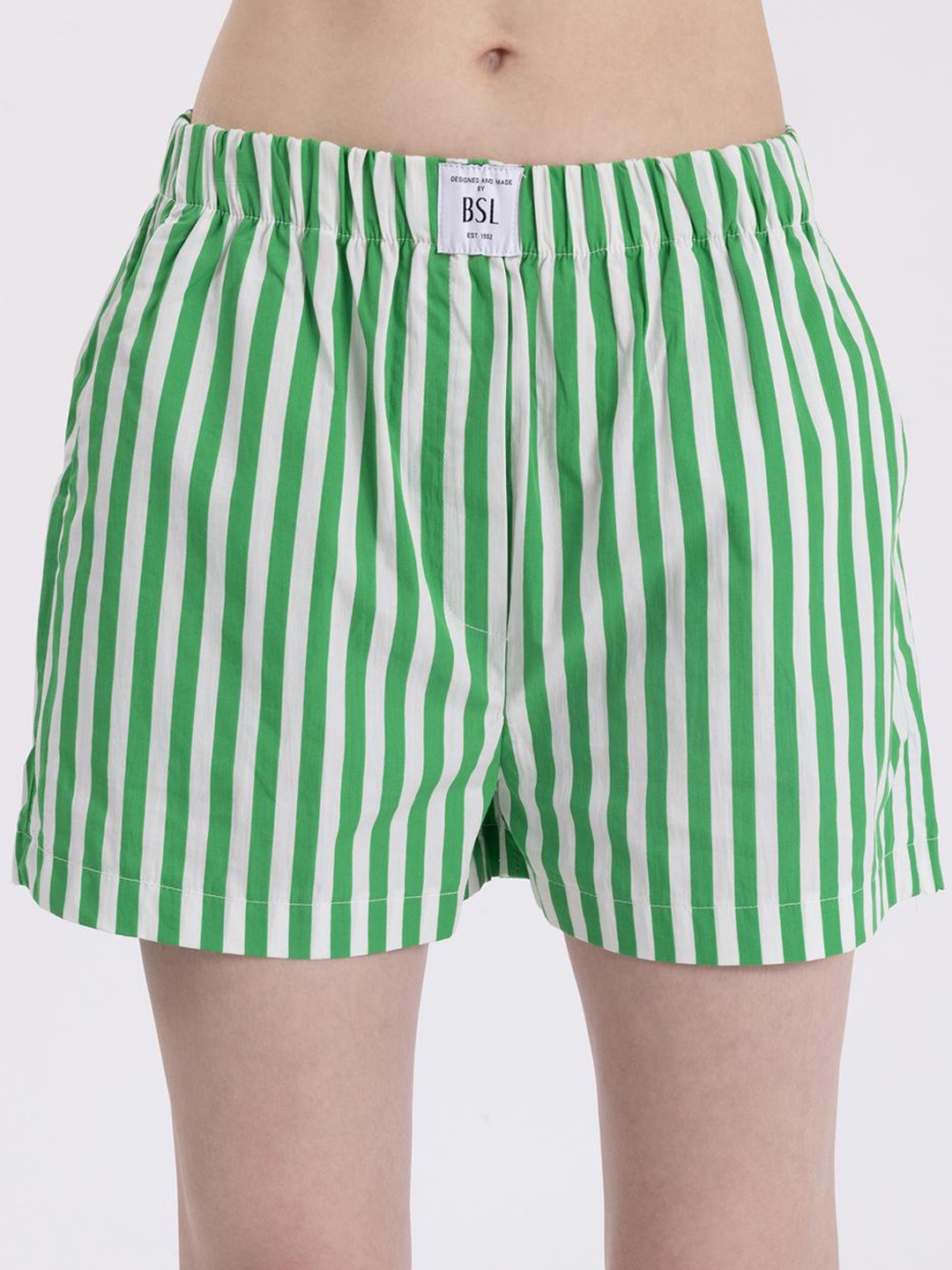 

PRET A TUER Women Striped Mid Rise Cotton Shorts, Green