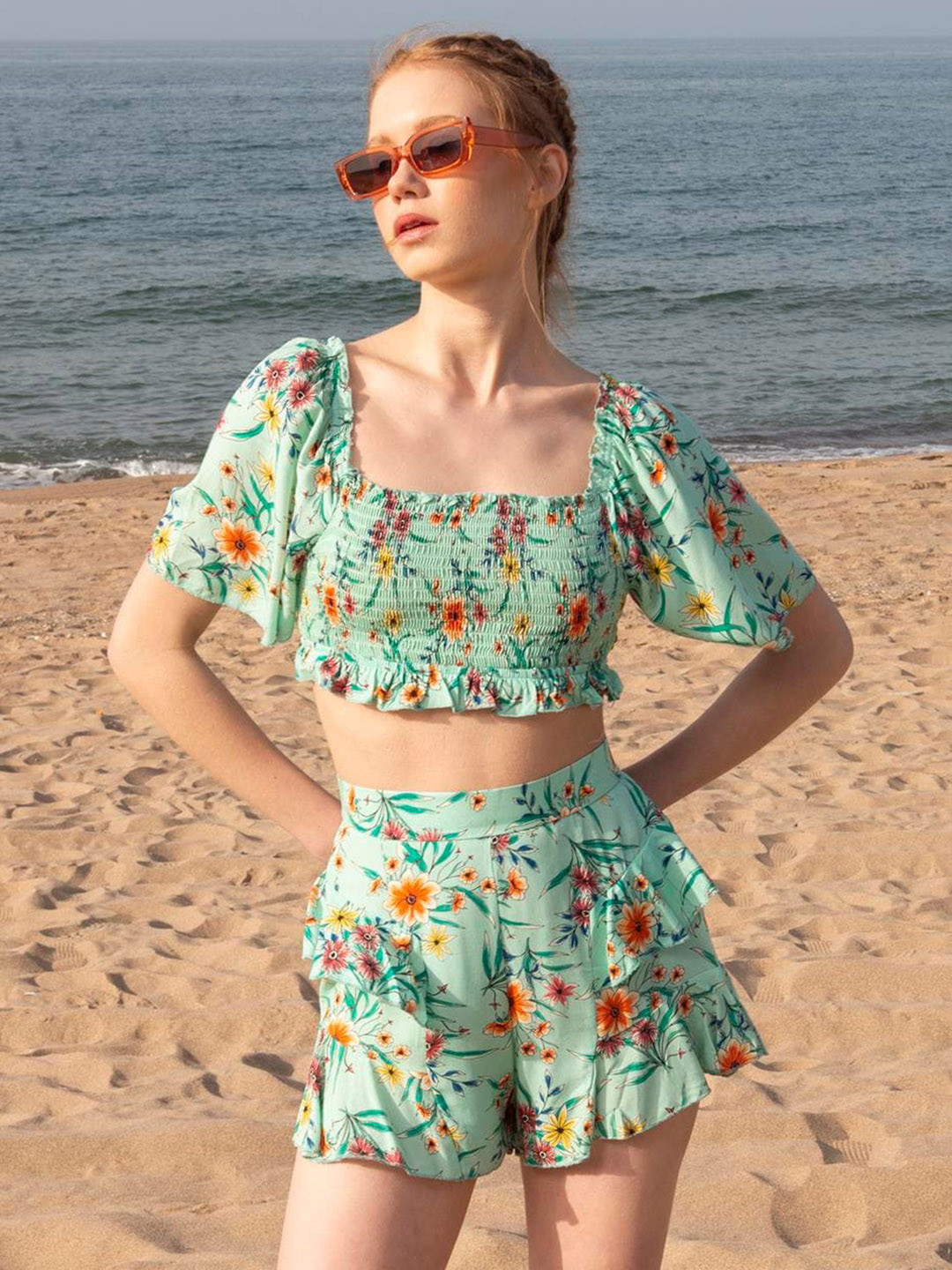 

PRET A TUER Women Floral Printed Ruffles Shorts, Green