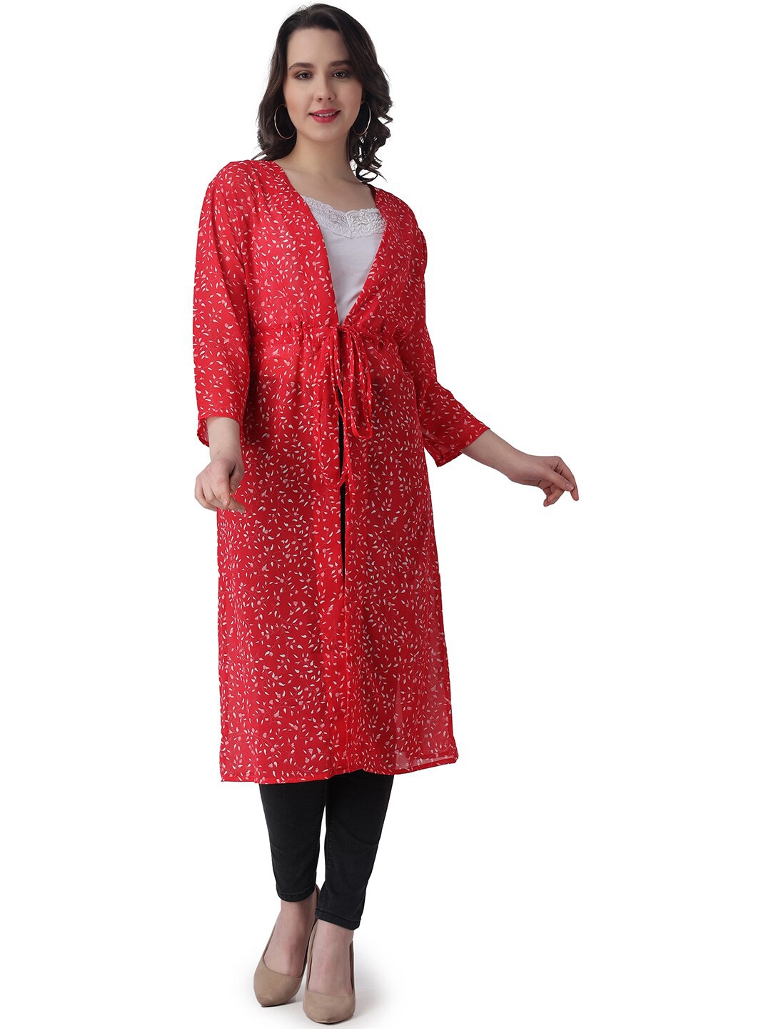 

COLOR STUDIO Floral Printed Longline Tie-Up Shrug, Red
