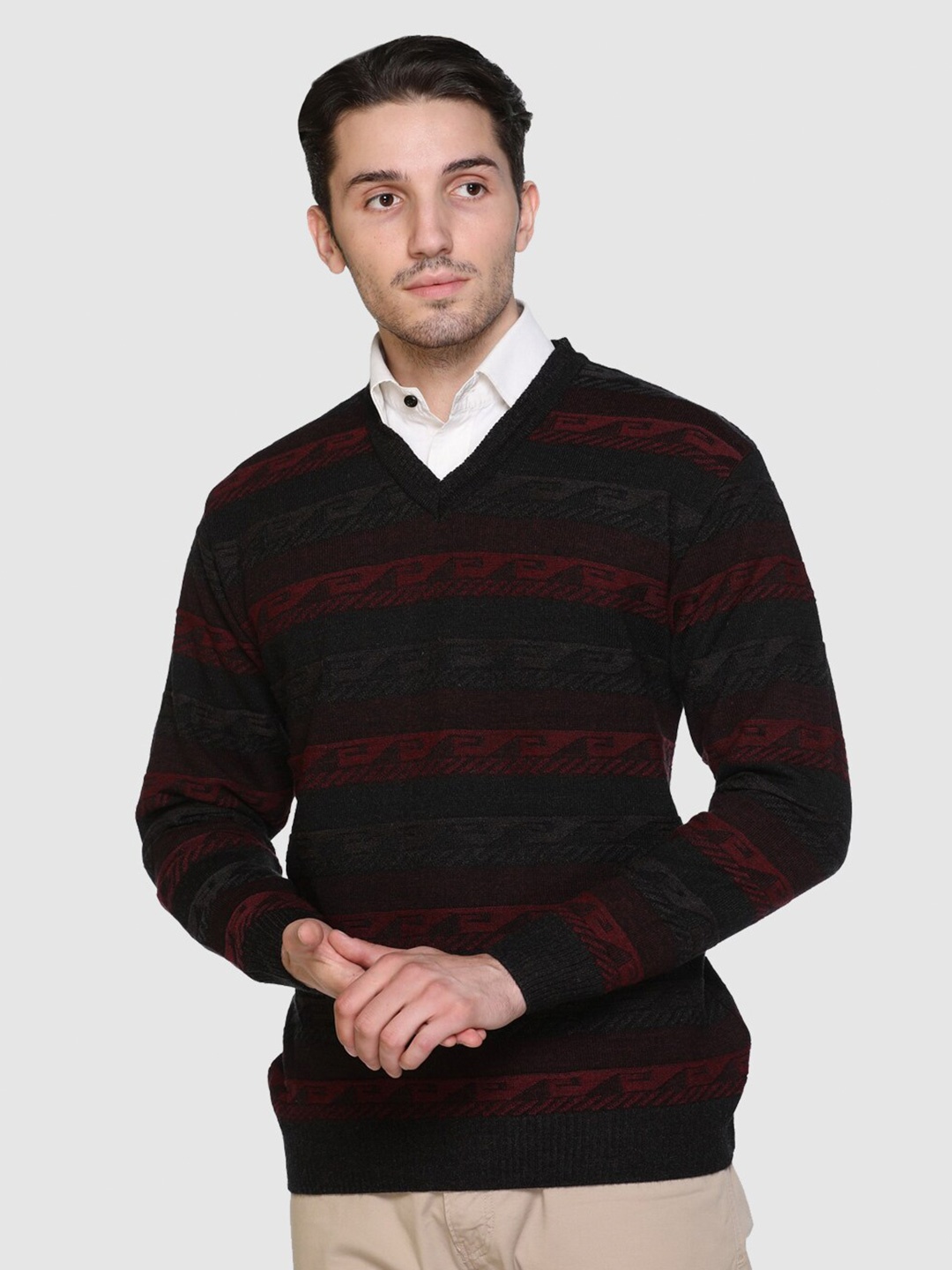 

aarbee Striped Self Design Pullover, Black