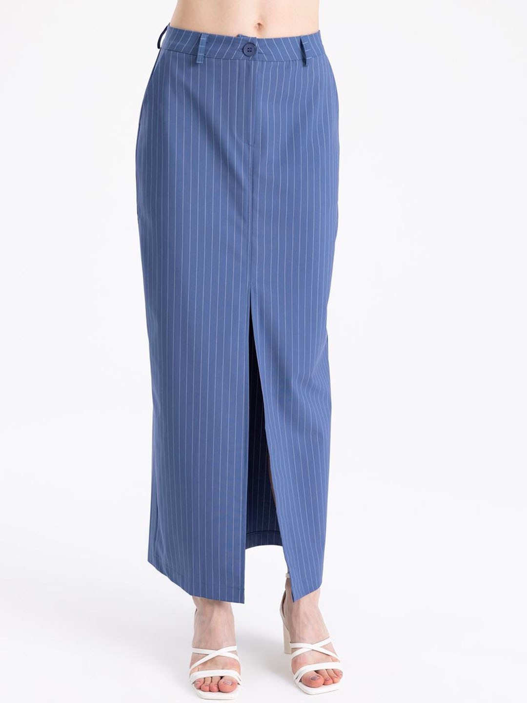 

PRET A TUER Striped Slitted Midi Skirt, Blue