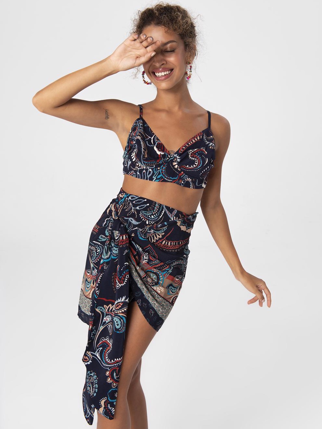 

PRET A TUER Floral Printed Mini Wrap Skirt, Navy blue