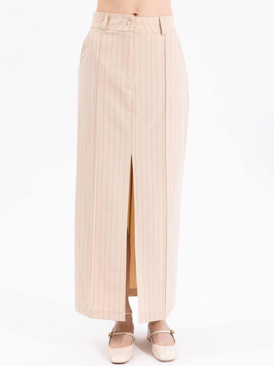 

PRET A TUER Striped Slit Maxi Pencil Skirt, Beige