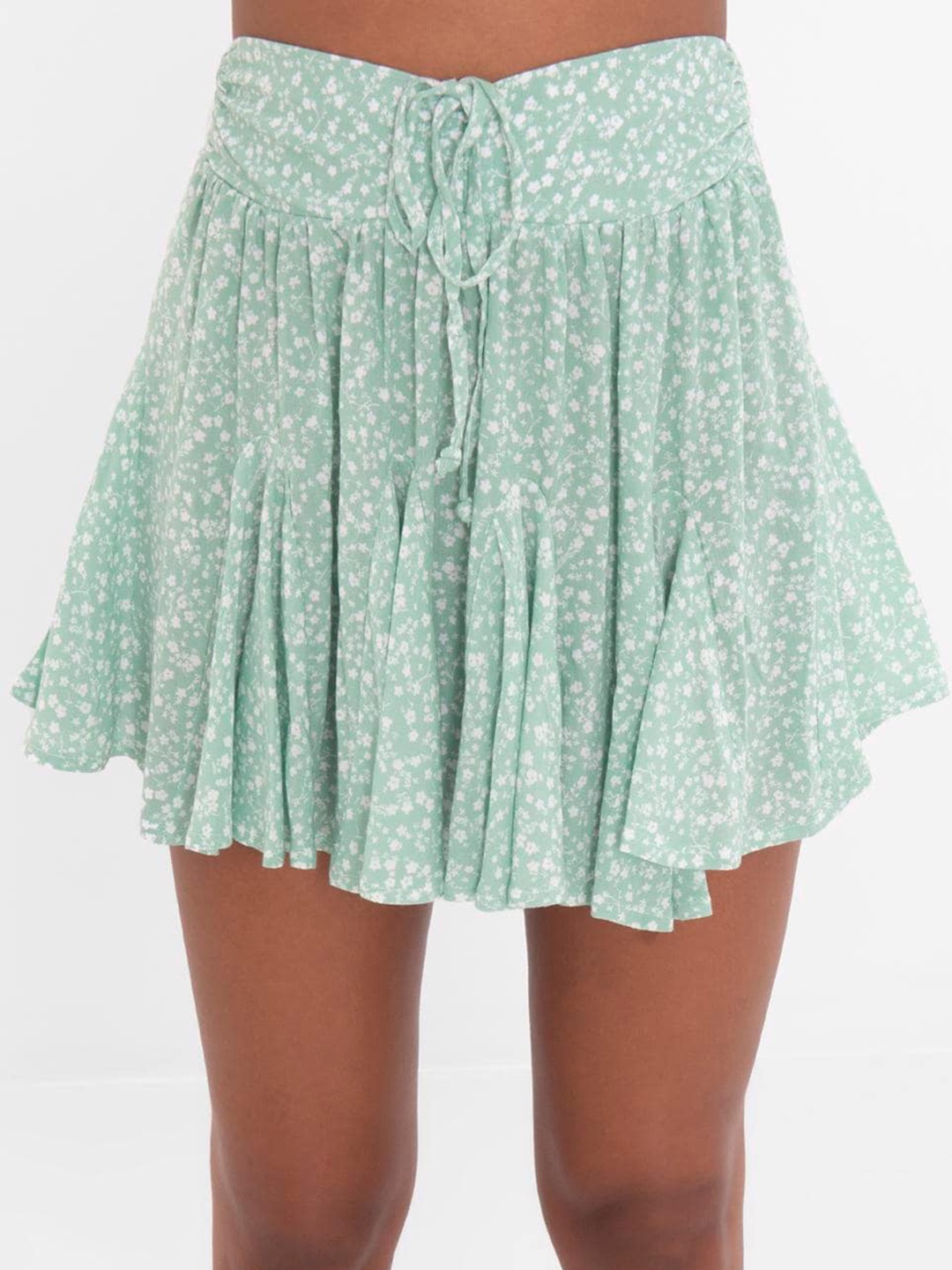 

PRET A TUER Floral Printed Gathered or Pleated Flared Mini Skirt, Green