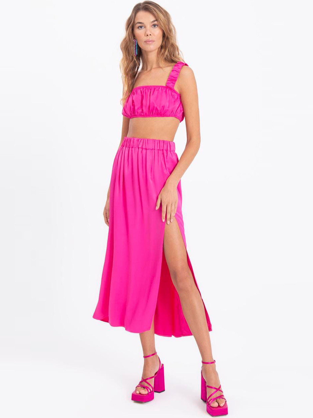 

PRET A TUER Gathered or Pleated Flared Midi Skirt, Fuchsia