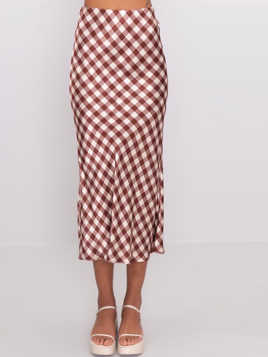 

PRET A TUER Checked Midi Satin Straight Skirt, Brown