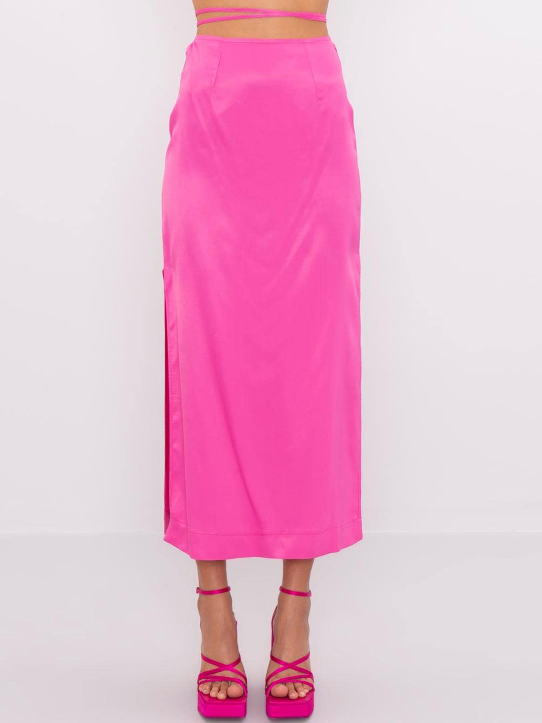 

PRET A TUER A-Line Satin Midi Skirt With Side Slit, Fuchsia