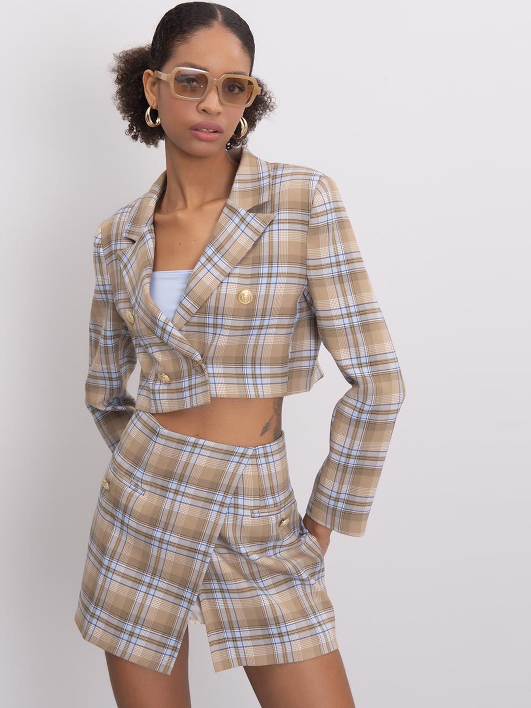 

PRET A TUER Checked Mini Pencil Skirt, Beige