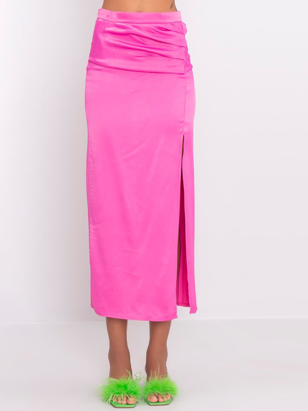 

PRET A TUER Deep Slit A-Line Midi Satin Skirt, Pink