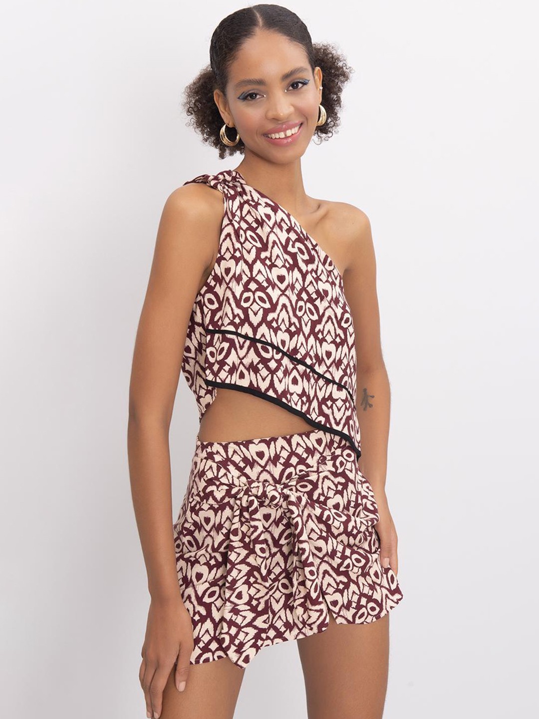 

PRET A TUER Ethnic Printed Front Tie Mini Skirt, Brown