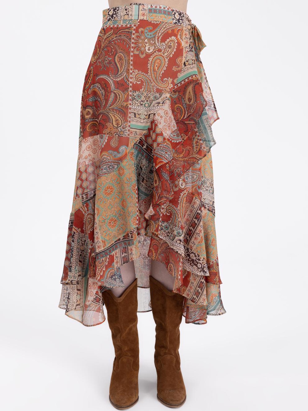 

PRET A TUER Printed Ruffled Wrapped Midi Skirt, Brown