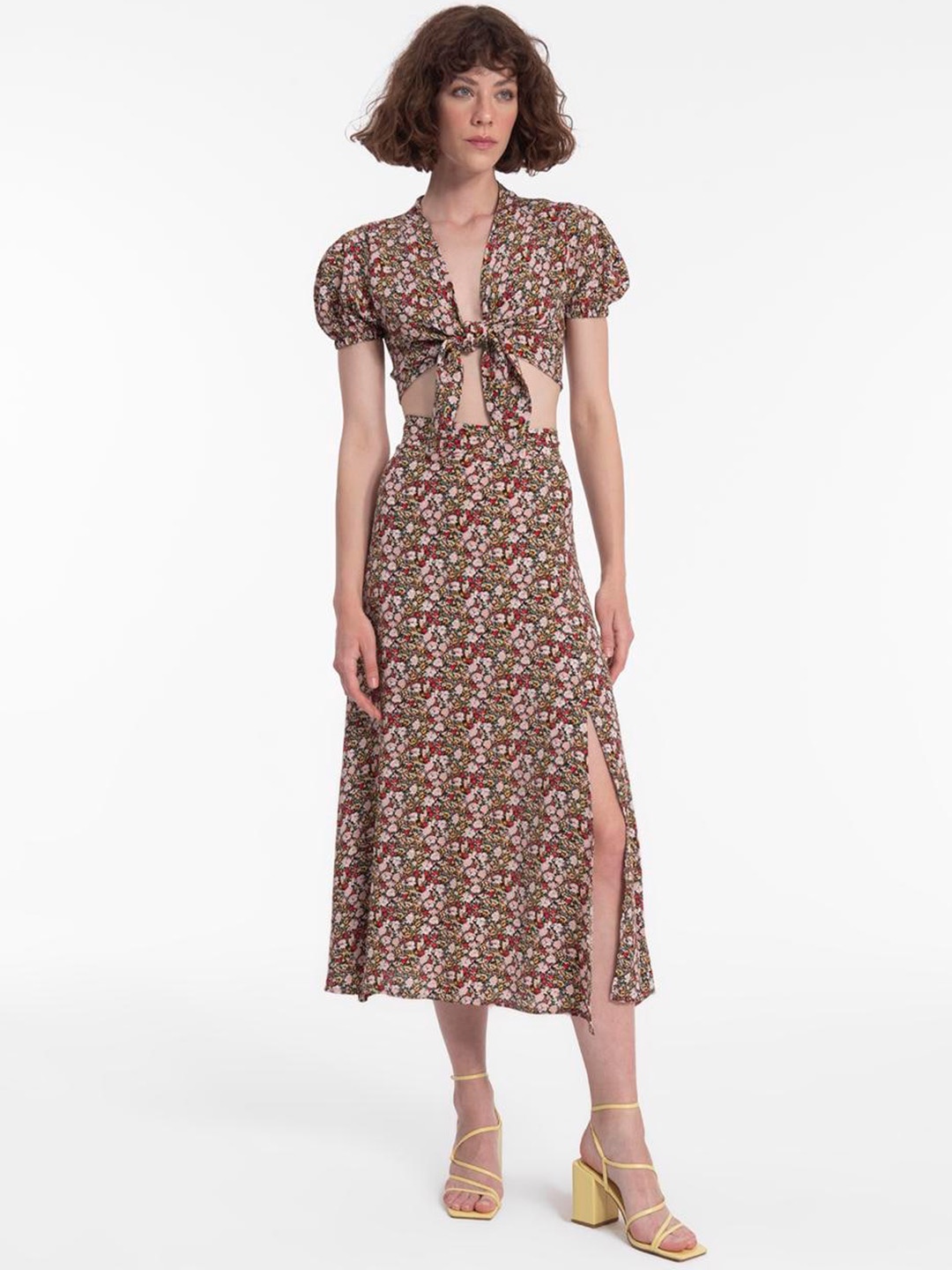 

PRET A TUER Printed A-Line Midi Skirt With Slit, Brown