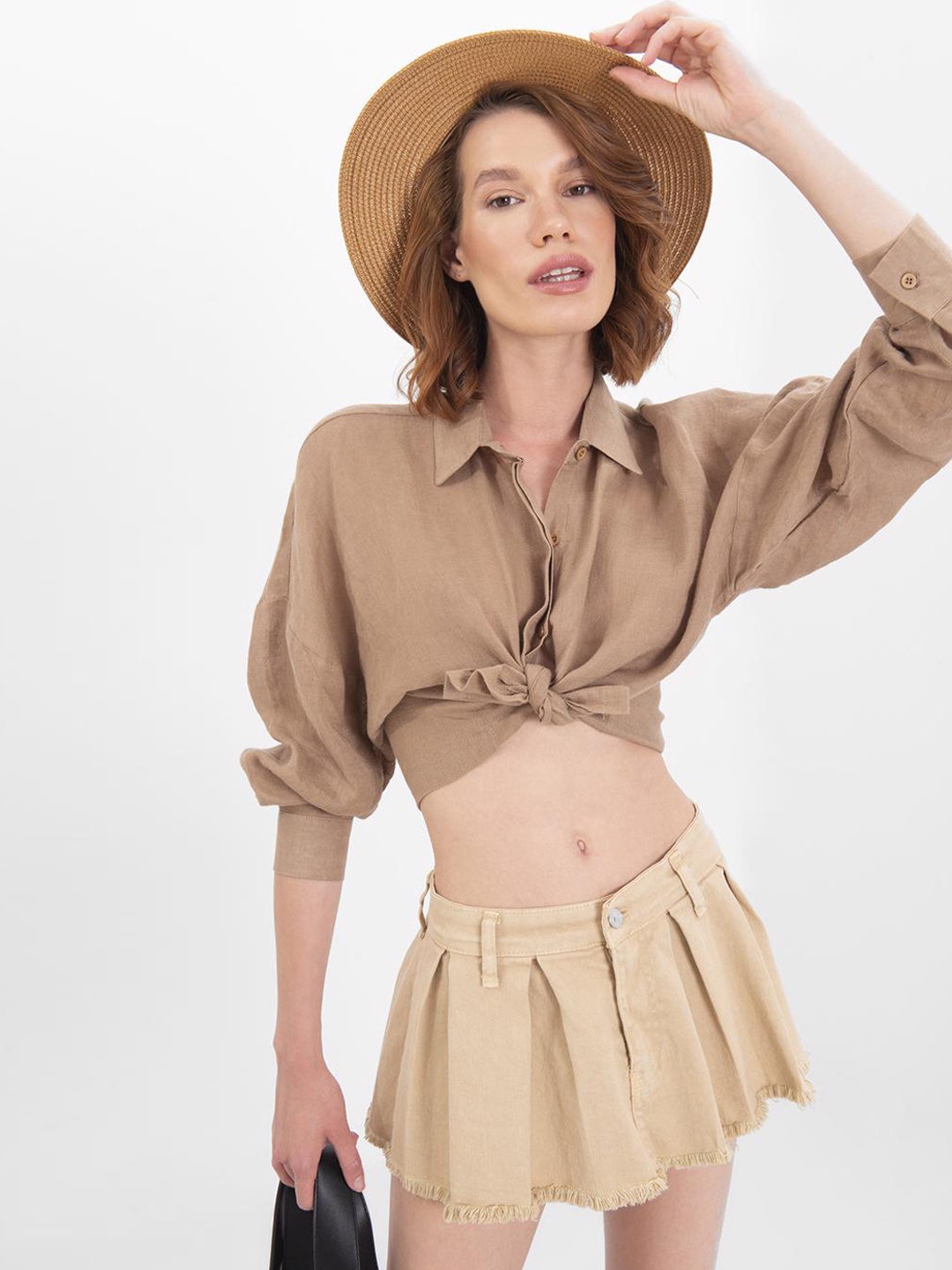 

PRET A TUER BSL Low-Waist Pleated Mini A-Line Skirt, Beige