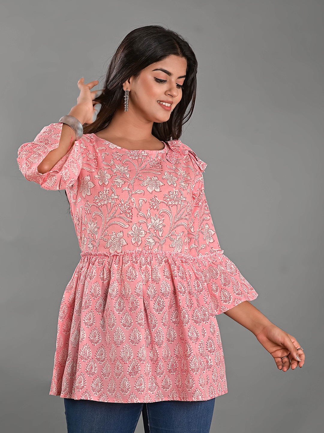 

Girly Girls Floral Printed Bell Sleeves Cotton Peplum Top, Peach