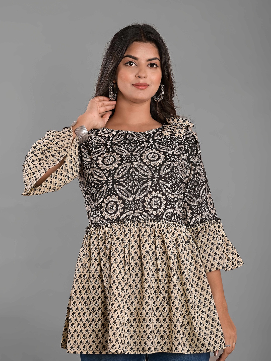 

Girly Girls Ethnic Motifs Printed Bell Sleeve Cotton Peplum Top, Brown