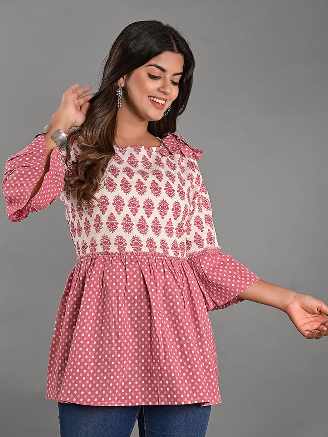 

Girly Girls Ethnic Motifs Printed Bell Sleeve Cotton Peplum Top, Pink
