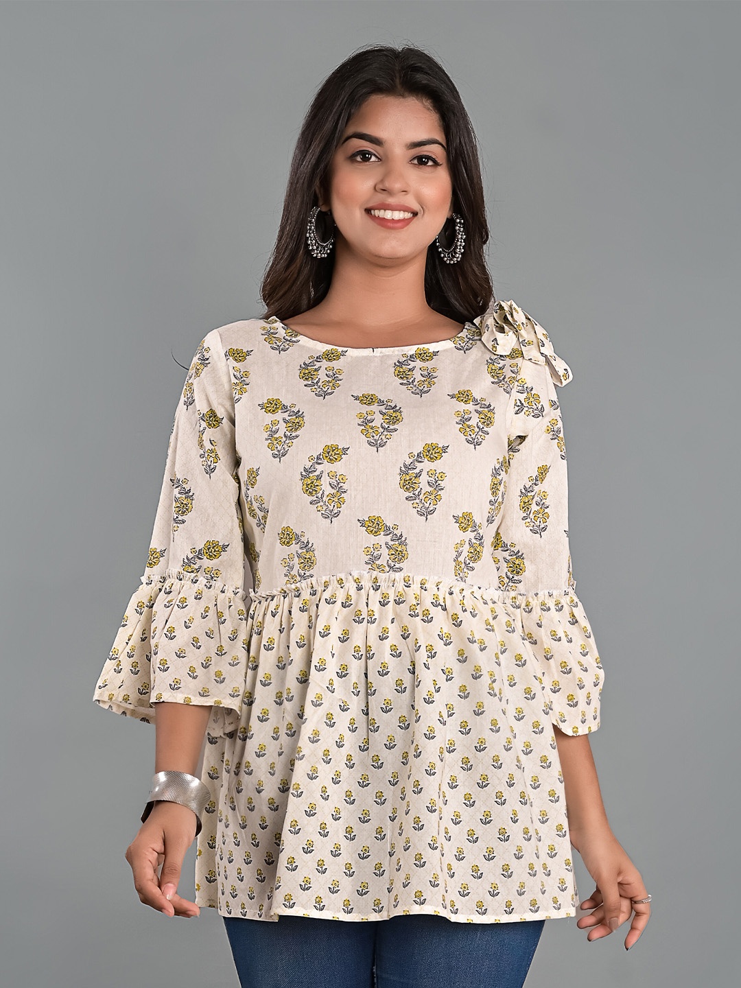 

Girly Girls Ethnic Motifs Printed Bell Sleeve Cotton Peplum Top, White
