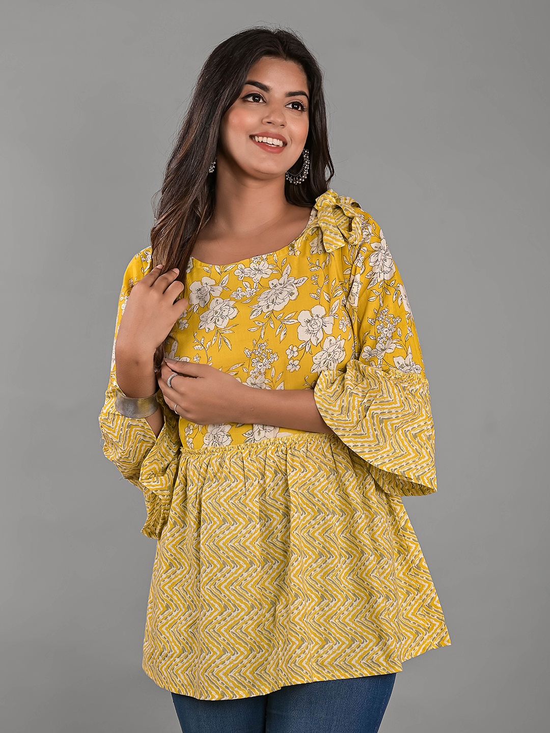 

Girly Girls Floral Printed Bell Sleeves Cotton Peplum Top, Yellow