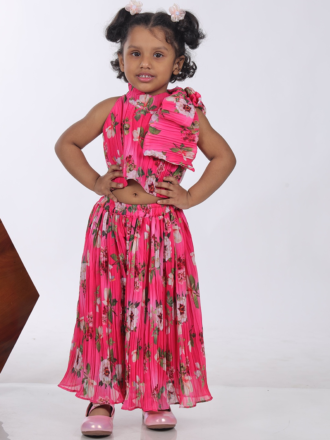 

Maaikid Girls Floral Printed Pleated High Neck Crop Top With Palazzos, Pink