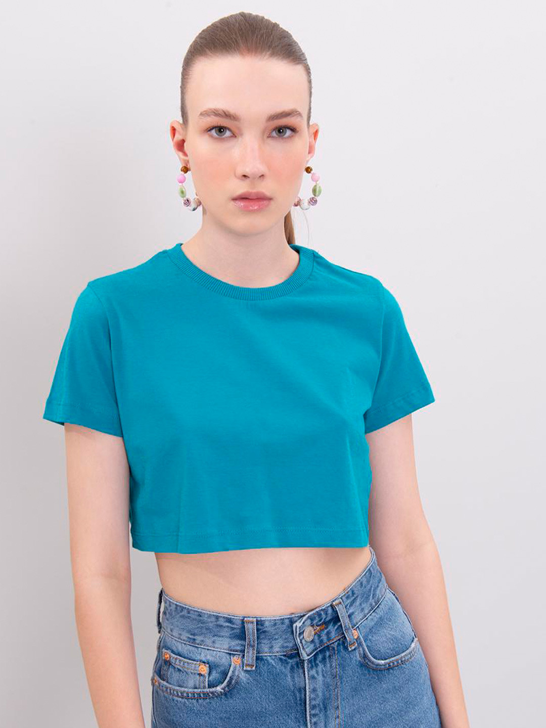 

PRET A TUER Round Neck Cotton Crop T-Shirt, Teal