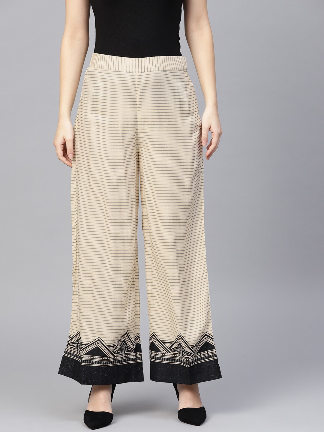 

W Women Cream-Coloured & Grey Striped Wide Leg Sustainable Palazzos