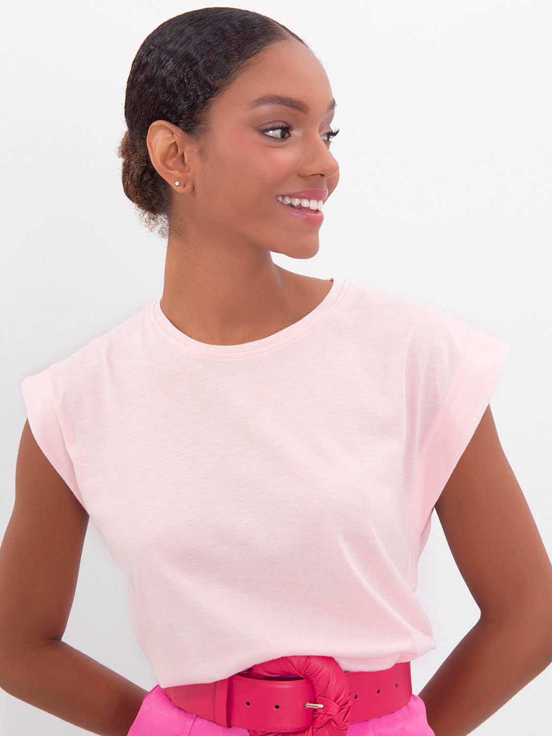 

PRET A TUER Round Neck Extended Sleeves Cotton T-shirt, Pink