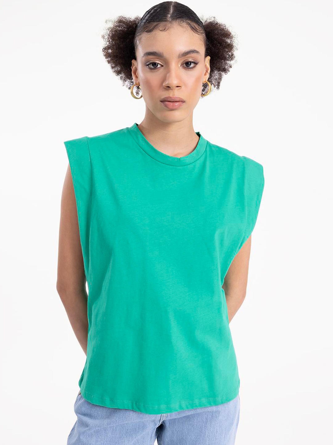 

PRET A TUER Round Neck Extended Sleeves Cotton T-shirt, Green
