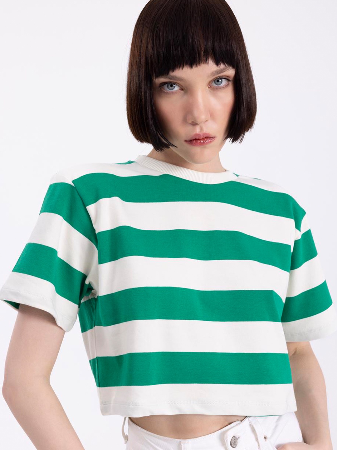 

PRET A TUER Striped Cotton Crop Loose T-Shirt, Green