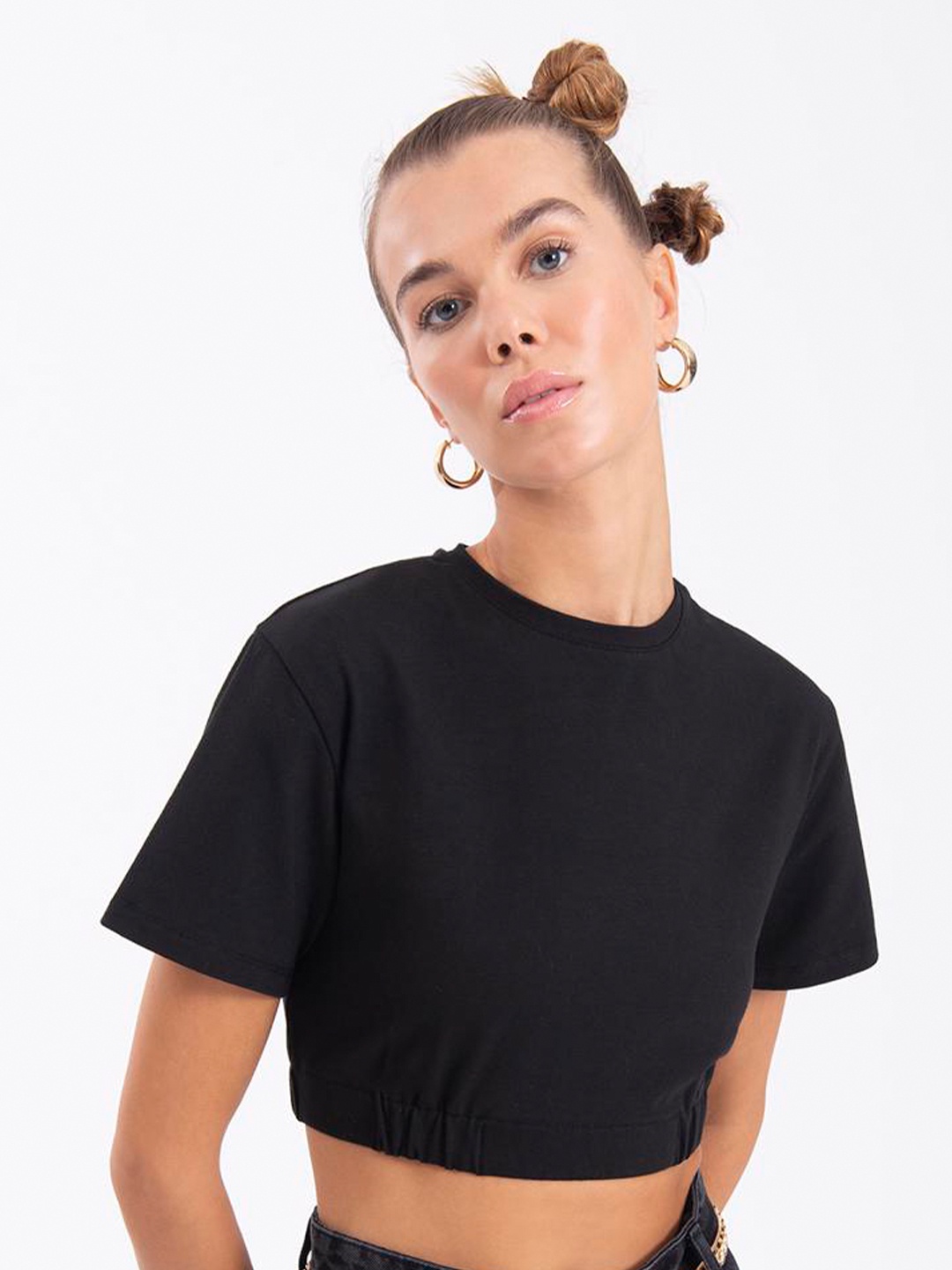 

PRET A TUER Slim Fit Cotton Crop T-shirt, Black