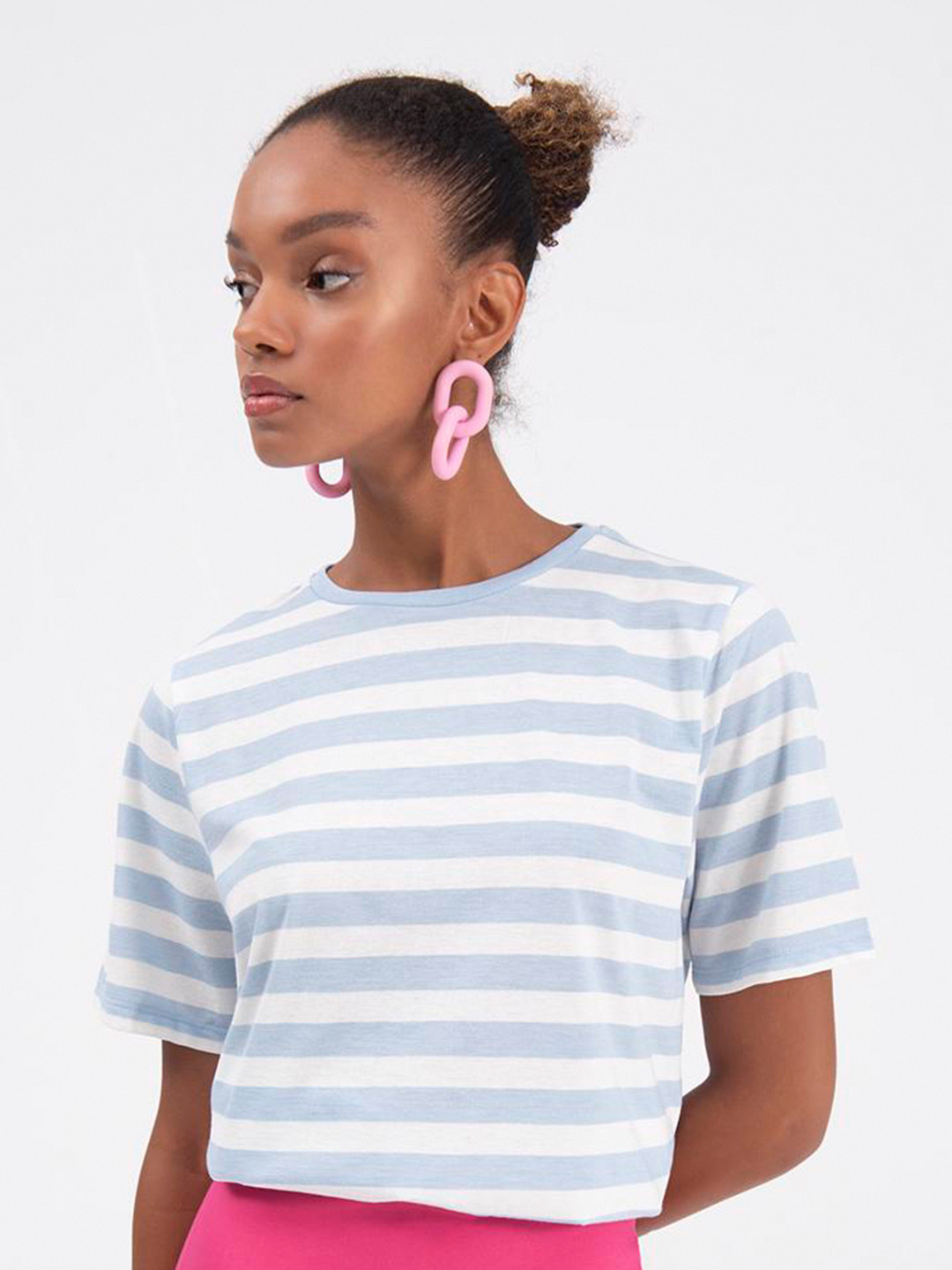 

PRET A TUER Striped High Neck Cotton T-shirt, Blue