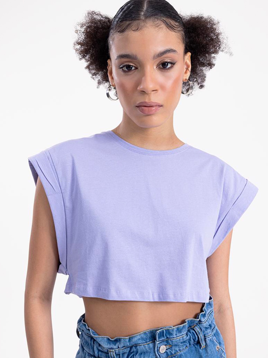 

PRET A TUER Extended Sleeves Cotton Crop T-Shirt, Purple