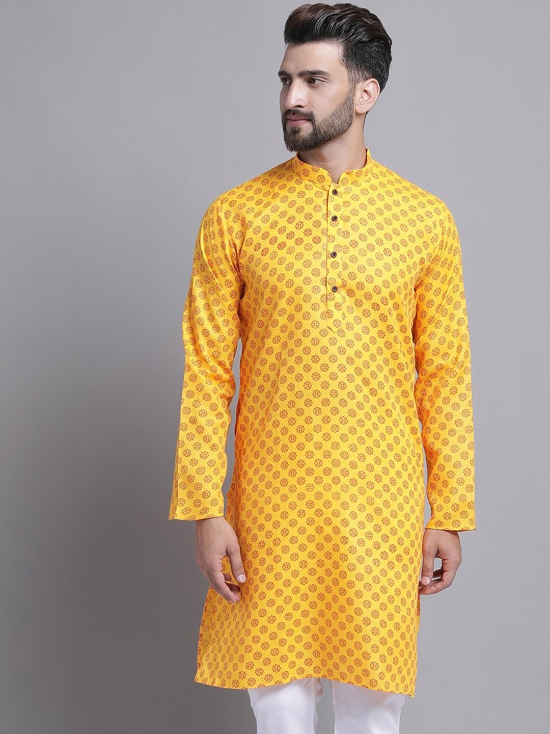 

Armaan Ethnic Woven Design Mandarin Collar Straight Cotton Kurta, Yellow