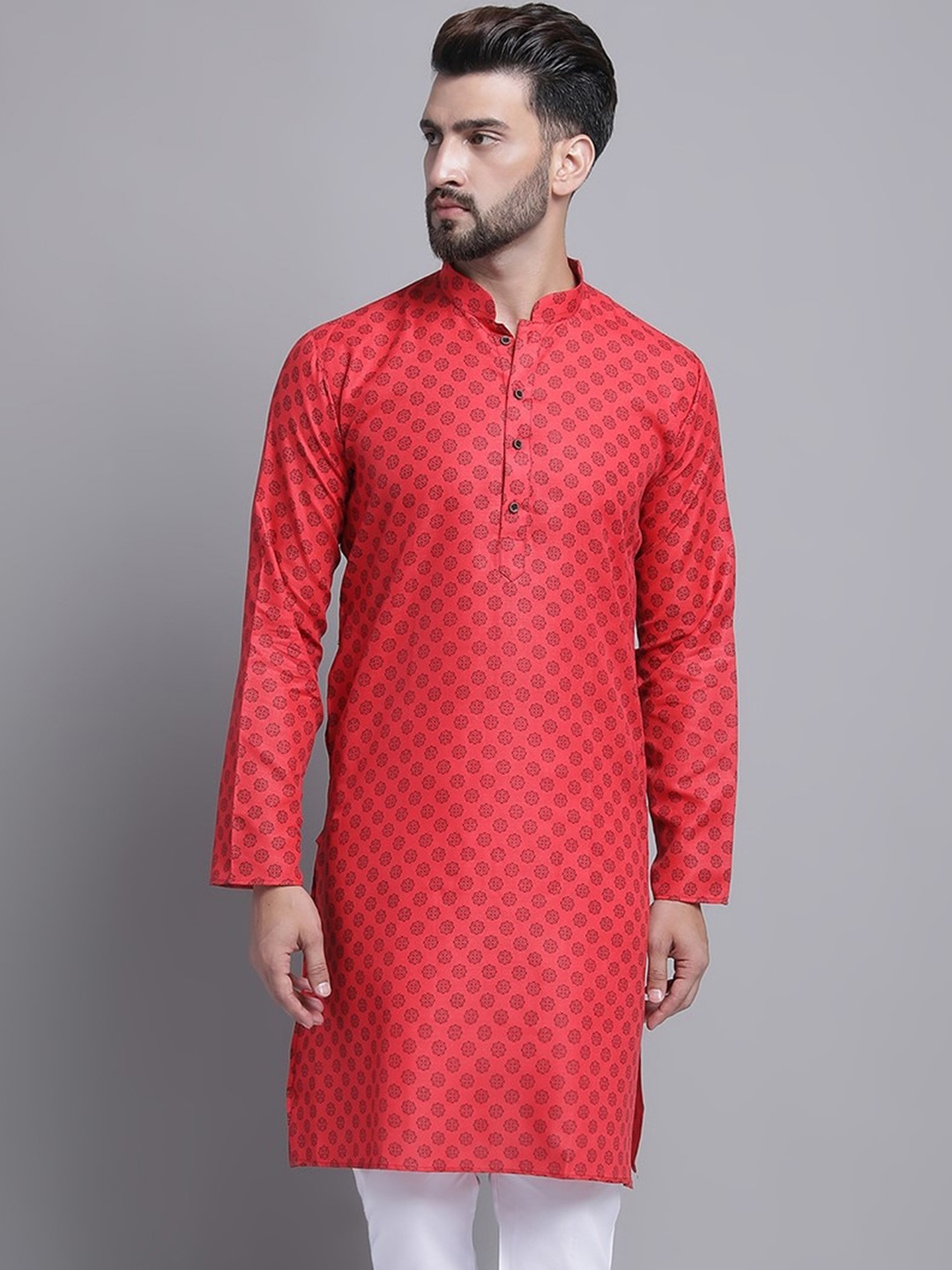 

Armaan Ethnic Woven Design Mandarin Collar Straight Cotton Kurta, Red