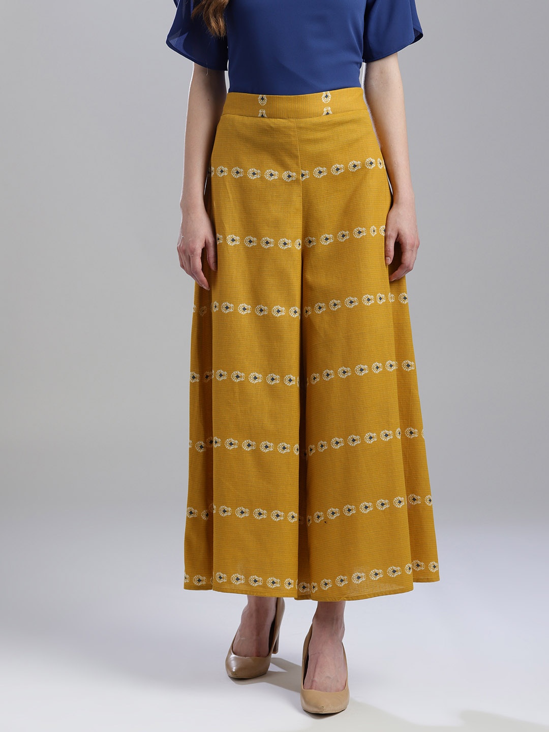 

W Women Mustard Yellow & White Printed Flared Palazzos