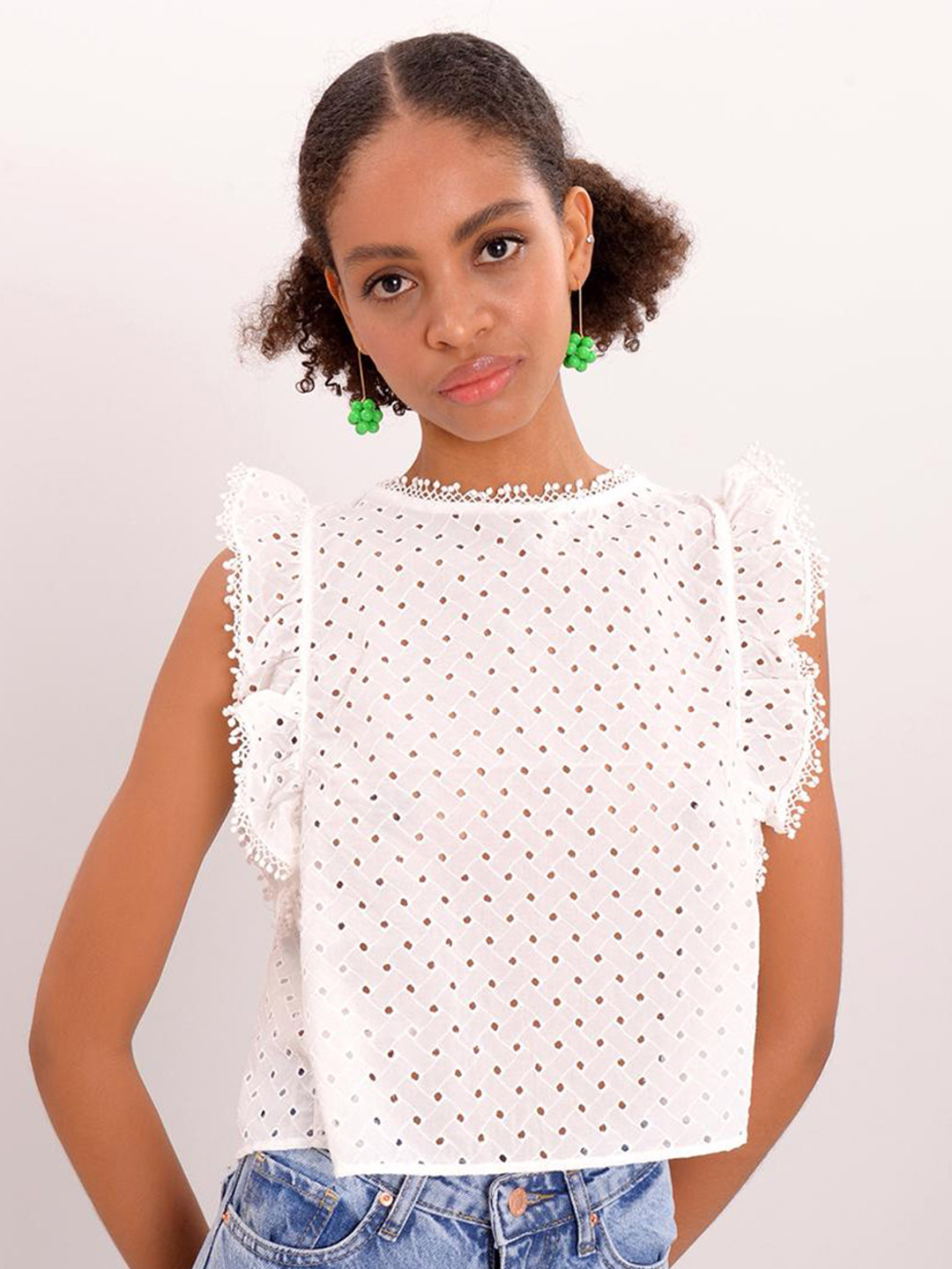 

PRET A TUER Self Designed Flutter Sleeves Back Open Cotton Top, White