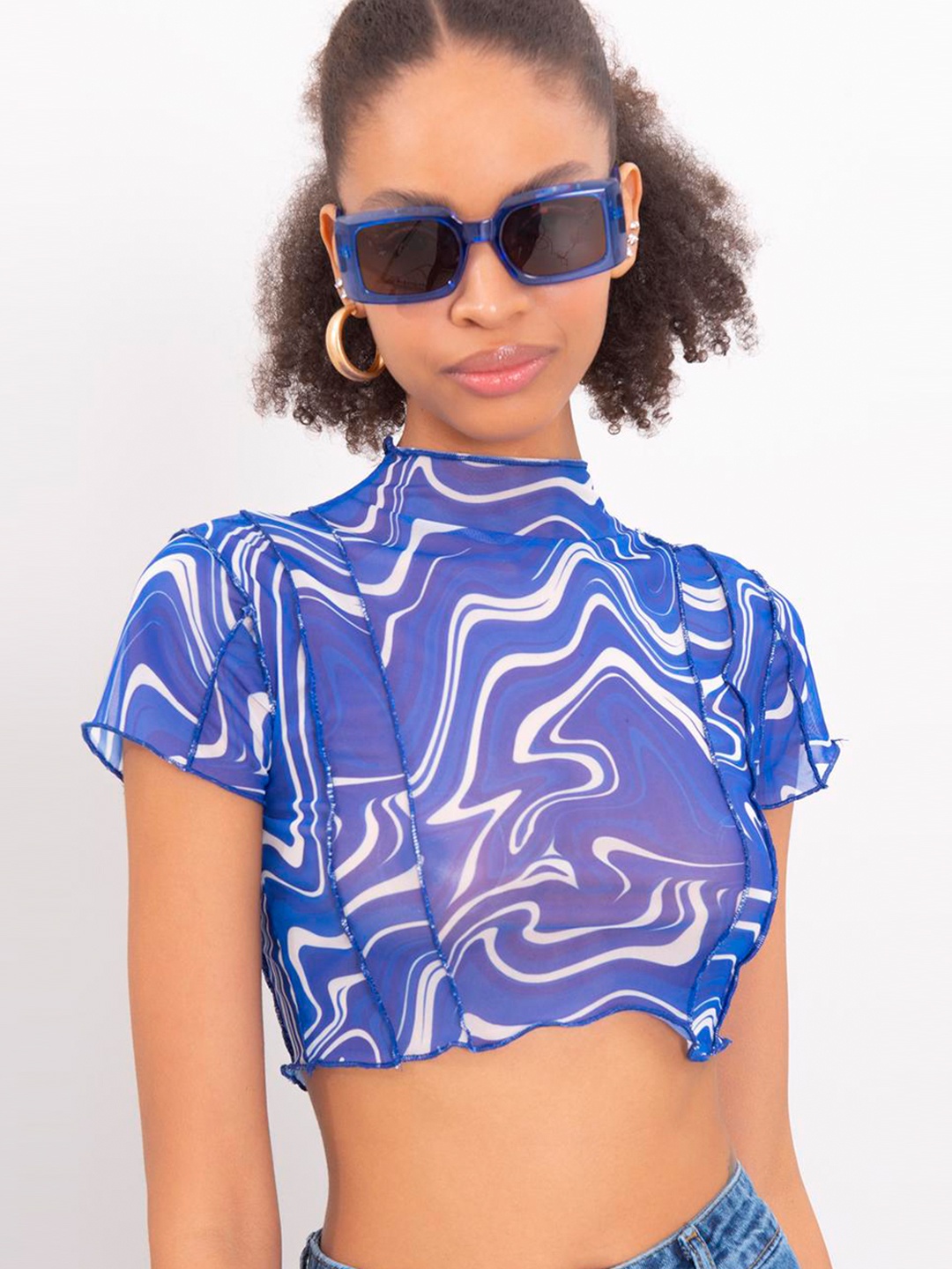 

PRET A TUER Abstract Printed High Neck Cotton Crop Top, Blue