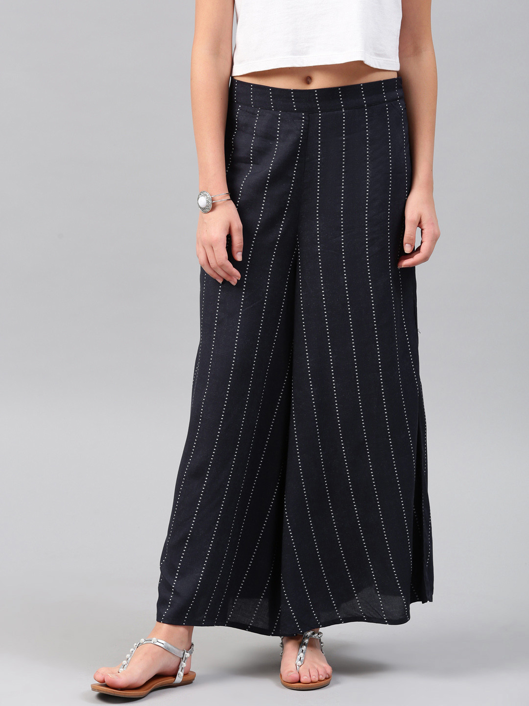 

W Women Navy Blue & White Striped Wide Leg Palazzos