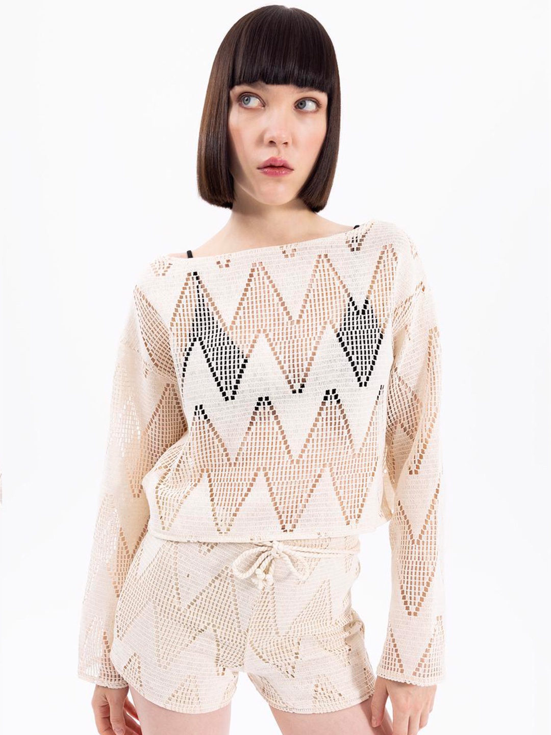 

PRET A TUER Self Design Boat Neck Semi Sheer Top, Off white