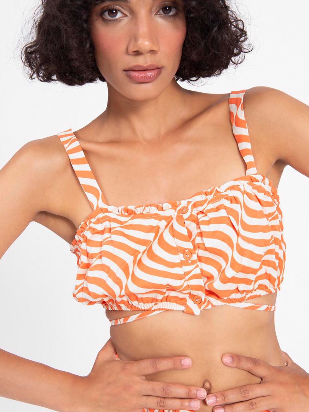 

PRET A TUER Striped Gathered Crop Top, Orange