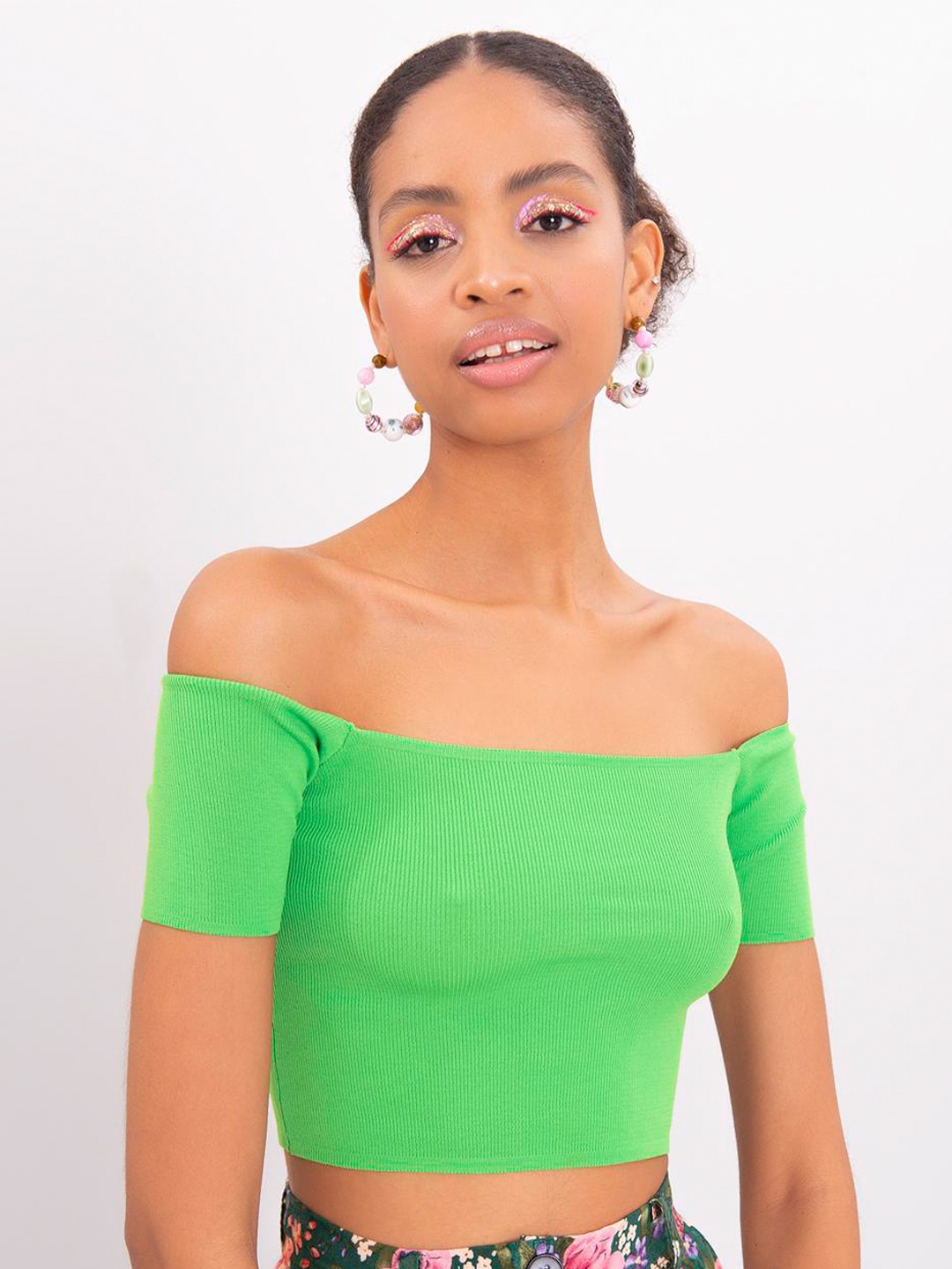 

PRET A TUER Off-Shoulder Bardot Crop Top, Green
