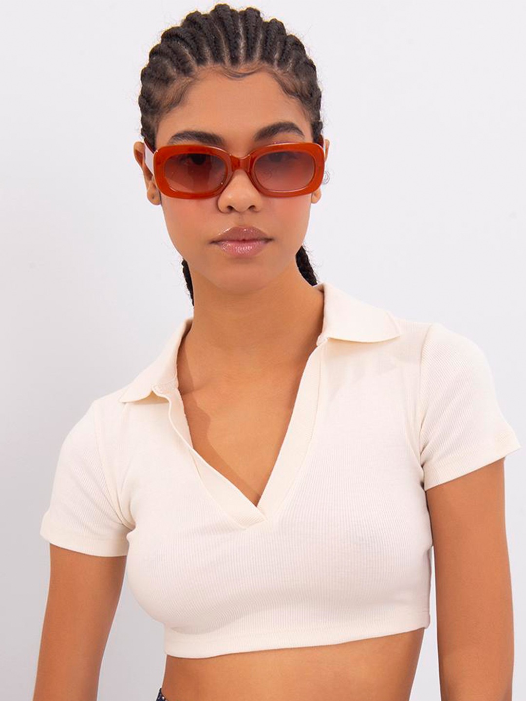 

PRET A TUER Shirt Collar Fitted Cotton Crop Top, Beige