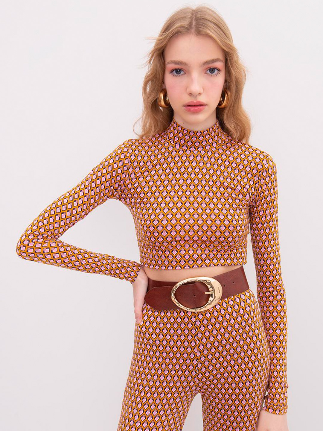 

PRET A TUER Floral Printed Long Sleeves Cotton Crop Top, Mustard