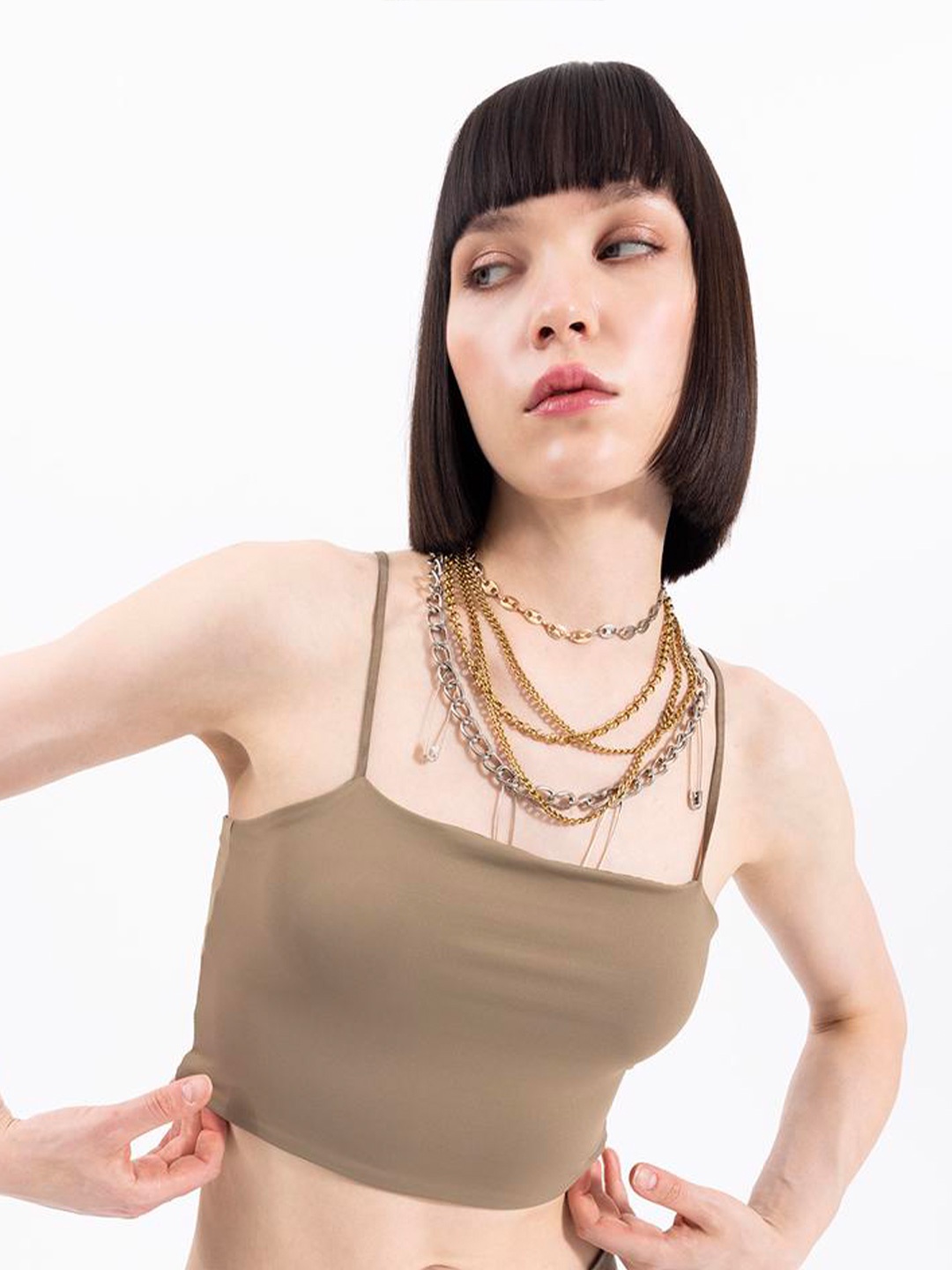 

PRET A TUER Shoulder Straps Cotton Fitted Crop Top, Khaki