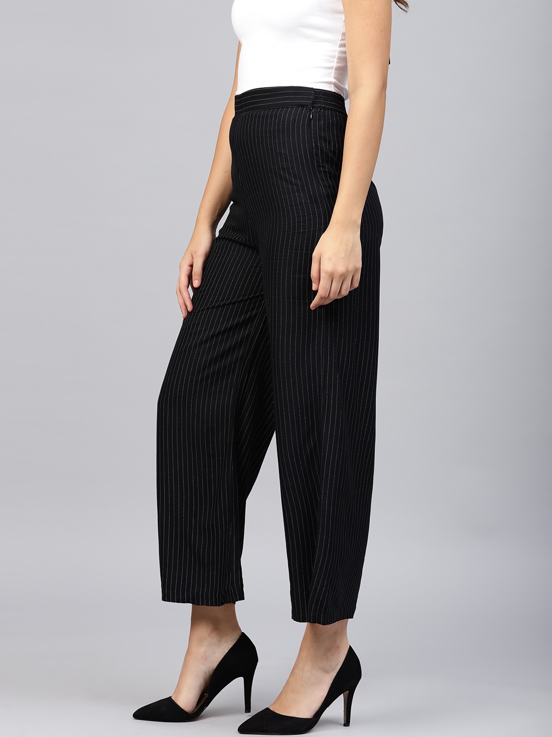 

W Women Black & White Striped Regular Fit Parallel Trousers