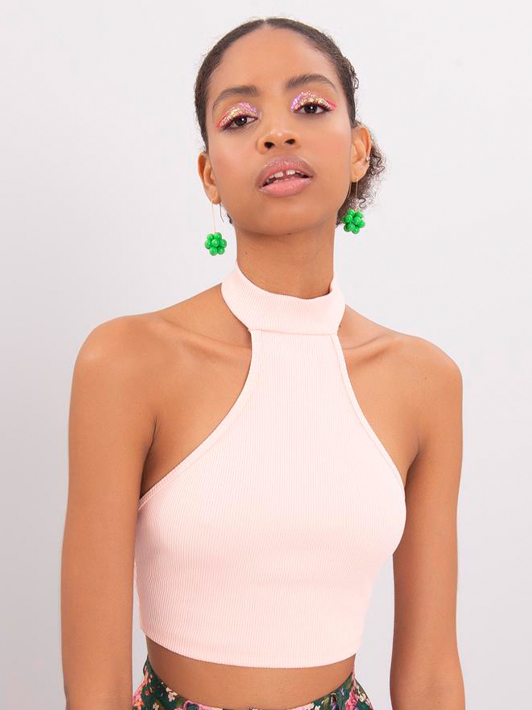 

PRET A TUER Halter Neck Cotton Fitted Crop Top, Pink