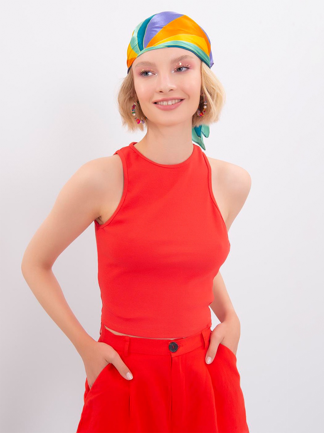 

PRET A TUER Halter Neck Cut Out Cotton Tank Top, Red