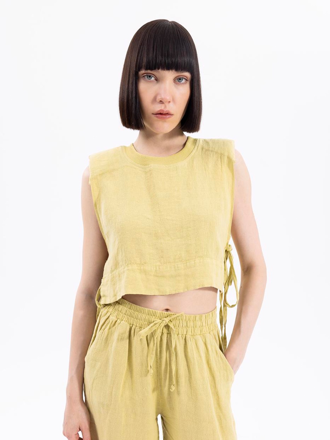 

PRET A TUER Tie-Ups Detail Linen Crop Top, Green