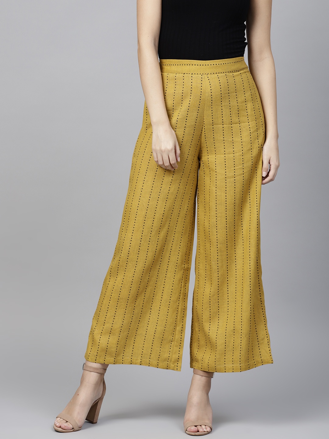 

W Women Mustard Yellow Wide Leg Striped Palazzos